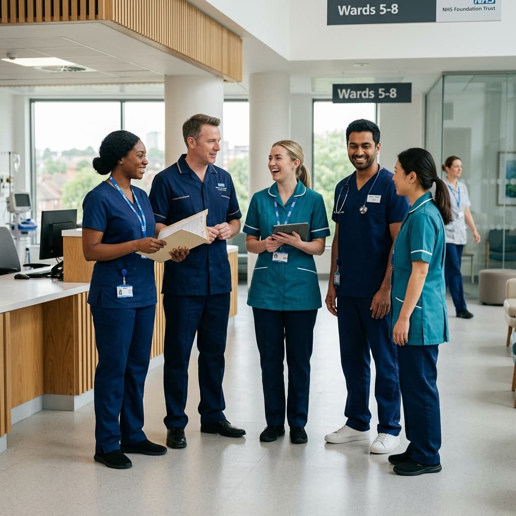 Professional UK healthcare team wearing premium Unifab medical scrubs and tunics